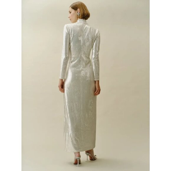 💕REFORMATION💕 Talicia Sequin Mock Neck Maxi Dress ~ Silver Sparkle 6 NWT - Picture 3 of 16
